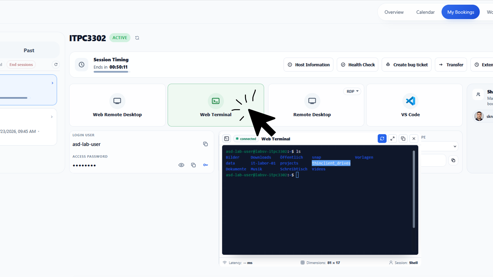 DevCaleo Access-Ansicht fuer Buchungen, Web Terminal, Remote Desktop und VS Code