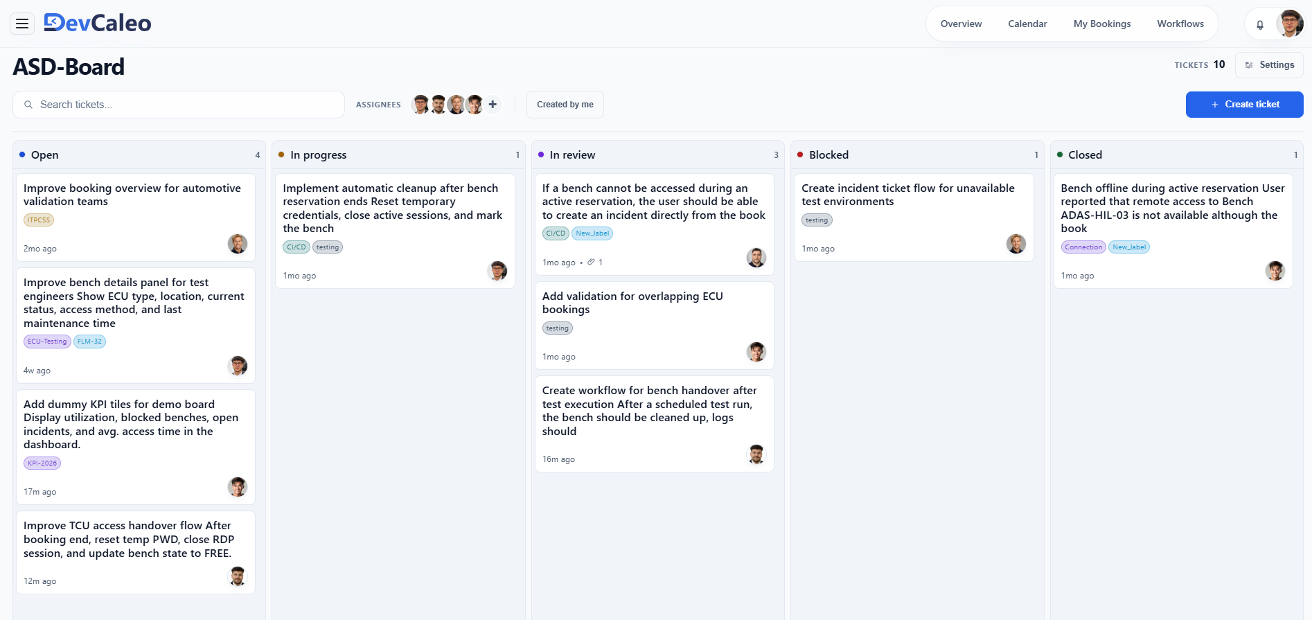 DevCaleo Ticket-Hub mit Filtern, Statusspalten und priorisierten Aufgaben